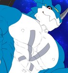 abs anthro blue_body blush horn low-angle_view male muscular muscular_anthro muscular_male navel nipples pecs red_eyes solo nekogaki0324 bandai_namco digimon digimon_(species) exveemon low_res