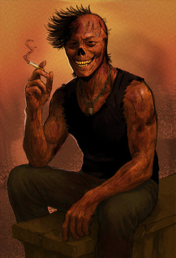 abstract_background alternative_fashion black_clothing black_hair black_shirt black_tank_top black_topwear cigarette clothing hair holding_cigarette holding_object looking_at_viewer male missing_nose necrosis not_furry padlock_necklace punk sharp_teeth shirt sitting smoking smoking_cigarette solo tank_top teeth topwear nuclearconsole fallout microsoft wu-yi_(nuclearconsole) ghoul_(fallout) humanoid english_description hi_res