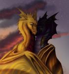 2018 ambiguous_gender blue_eyes day digital_media_(artwork) dragon duo european_mythology feral ferrety-lixciaa membrane_(anatomy) membranous_wings mythological_creature mythological_scalie mythology outside scalie sky western_dragon wings