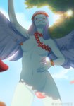 5_fingers amber_eyes anthro blue_sky breasts convenient_censorship day elbow_feathers feathered_wings feathers female fingers flower flower_bracelet flower_crown front_view grey_body grey_feathers grey_hair grey_scales hair long_hair looking_at_viewer navel nude nude_anthro nude_female outside plant scales sky smile solo text wings espectro111222 cavemanon_studios goodbye_volcano_high snoot_game fang_(gvh) prehistoric_species pterodactylus pterosaur reptile scalie 2025 artist_name digital_drawing_(artwork) digital_media_(artwork) hi_res watermark