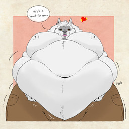 anthro belly belly_jiggle belly_overhang belly_rolls big_belly big_moobs black_sclera blep clothed clothing deep_navel fat_arms fat_rolls fatpad fluffy fupa fur hand_on_belly heart_symbol holding_belly huge_belly huge_moobs huge_thighs hyper hyper_moobs jiggling looking_at_viewer male moobs morbidly_obese morbidly_obese_male naturally_censored navel nipple_tuft obese obese_male onomatopoeia overweight overweight_male red_eyes simple_background solo sound_effects talking_to_viewer text thick_thighs tongue tongue_out topless topless_male tuft white_body white_fur wide_hips harukaroto dreamworks puss_in_boots_(franchise) death_(puss_in_boots) canid canine canis mammal wolf english_text hi_res