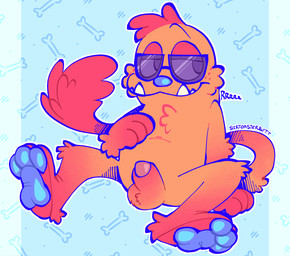 animal_genitalia animal_penis anthro balls canine_genitalia canine_penis erection eyewear feet fur genitals half-erect male orange_body orange_fur pawpads paws penis presenting presenting_penis simple_background smile smirk solo spreading sunglasses sunglasses_on_face tail tail_tuft toes tuft tusks underbite conditional_dnp sleepweed bugsnax young_horses chester_chullabaloo_(sirtoasterbutt) fan_character grumpus digital_media_(artwork) hi_res