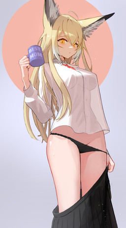 black_clothing black_underwear blonde_hair bottomwear breasts clothing container cup female hair holding_container holding_cup holding_mug holding_object inner_ear_fluff looking_at_viewer low-angle_view mug shirt simple_background skirt solo text topwear translucent translucent_clothing tuft underwear white_clothing white_shirt white_topwear yellow_eyes besidoesart arknights hypergryph studio_montagne vulpisfoglia_(arknights) animal_humanoid canid canid_humanoid canine canine_humanoid fox_humanoid humanoid mammal mammal_humanoid 2024 absurd_res digital_media_(artwork) english_text hi_res
