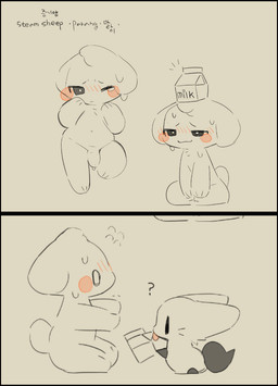 ambiguous_gender anthro blush blush_lines bodily_fluids chibi duo feral fur genitals kemono larger_anthro male milk penis shota simple_background sitting size_difference smaller_feral sweat text tongue tongue_out young young_ambiguous young_anthro young_feral young_male seuppi kumikuyo_(seuppi) parang_(seuppi) bovid canid canine caprine fox mammal sheep korean_text
