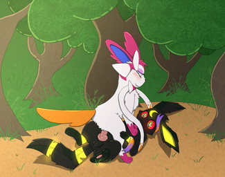 anus balls blue_sclera blush dominant dominant_female duo erection female feral forest forest_background genitals grass green_eyes grin hand_on_chest hand_on_leg hand_on_thigh knot knotted_penis lying male male/female nature nature_background on_back on_ground on_top_of_another orientation_play outside outside_sex penis plant red_sclera sex smile submissive submissive_male tree white_eyes wide_eyed whitefroggim nintendo pokemon gwen_the_sylveon eeveelution generation_2_pokemon generation_4_pokemon generation_6_pokemon hybrid hybrid_pokemon leafeon pokemon_(species) sylveon umbreon hi_res