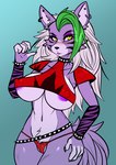 2021 absurd_res anthro areola areola_slip belt big_breasts black_nose blush breasts canid canine canis choker claws clothed clothing ear_piercing ear_ring erect_nipples eyeshadow female five_nights_at_freddy's five_nights_at_freddy's:_security_breach fur green_claws green_hair grey_hair hair hi_res jewelry lipstick long_hair looking_at_viewer makeup mammal mascara multicolored_hair necklace nipple_outline nipple_slip nipples phaser_automata piercing puffy_areola purple_areola purple_body purple_fur purple_lipstick ring_piercing roxanne_wolf scottgames skimpy solo steel_wool_studios thong under_boob underwear white_hair wolf yellow_eyes