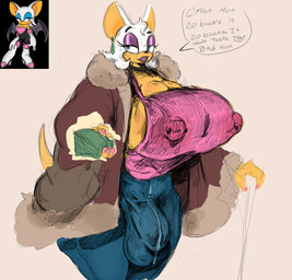 anthro barbell_piercing big_breasts big_bulge bottomwear breasts bulge choker clothing coat denim denim_bottomwear denim_clothing detailed_bulge eyelashes eyeshadow fur genitals glistening_eyelids green_eyes gynomorph huge_breasts intersex jeans jewelry lipstick long_eyelashes makeup money necklace nipple_dip nipple_outline nipple_piercing nipples pants piercing piercing_outline purple_eyeshadow shirt solo speech_bubble tail tan_body text topwear white_body white_fur breastwizard sega sonic_the_hedgehog_(series) rouge_the_bat bat mammal english_text hi_res