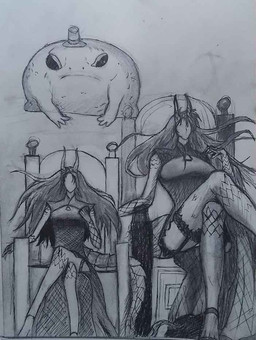 chair clothed clothing dress duo faceless_character faceless_female female furniture horn membrane_(anatomy) membranous_wings sitting tail throne wings nex243 mythology amphibian animal_humanoid dragon dragon_humanoid frog humanoid mythological_creature mythological_scalie scalie