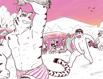 abs acoustic_guitar anthro blush bottomwear boxers_(clothing) camera camp campfire camping clothing covering covering_crotch dusk forest fur group guitar male mountain muscular musical_instrument nipples nude overweight overweight_male pants pattern_clothing pattern_underwear plant plucked_string_instrument prank screaming slightly_chubby string_instrument striped_body striped_clothing striped_fur striped_underwear stripes tail tent toothy_grin tree underwear jeck asian_mythology east_asian_mythology morenatsu mythology hiroyuki_nishimura juuichi_mikazuki kounosuke_kuri kouya_aotsuki kyouji_takahara shin_kuroi shun_kodori soutarou_touno tatsuki_midoriya torahiko_ooshima bear bird_dog canid canine canis domestic_cat domestic_dog dragon eastern_dragon felid feline felis human hunting_dog husky labrador lion mammal mythological_creature mythological_scalie nordic_sled_dog pantherine primate raccoon_dog retriever scalie spitz tanuki tiger wolf 2019 hi_res restricted_palette