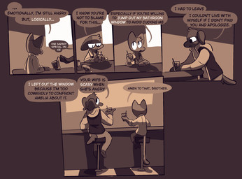alcohol anthro bar beverage clothed clothed_male clothing dialogue duo male open_clothing open_shirt open_topwear shirt sitting speech_bubble text topwear vanilla_candy amelia_is_calling canid canine canis domestic_cat domestic_dog felid feline felis mammal comic english_text hi_res restricted_palette