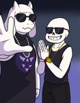 anthro black_clothing black_shirt black_topwear bone clothing cool_pose duo eyewear fashion female hip_hop_style male parody pose shirt skeleton sleeveless_clothing sunglasses swag topwear urban darkalcaline copyright_request deltarune undertale undertale_(series) sans_(undertale) toriel bovid caprine goat humanoid mammal absurd_res character_request crossover digital_media_(artwork) hi_res meme