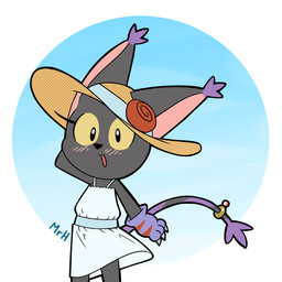 black_body black_fur blush claws clothed clothing eyelashes female flower_accessory flower_on_head fur gloves handwear looking_at_viewer open_mouth solo summer_dress summer_hat tail mr_harinezumi bandai_namco digimon nera_(el_senor_erizo) blackgatomon digimon_(species) felid feline mammal 1:1 absurd_res hi_res
