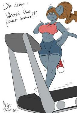 anthro big_breasts blind blue_eyes blush bodily_fluids breasts brown_hair disability female fur grey_body grey_fur hair long_hair navel solo sweat tail text wide_hips deskai nightfaux ellie_(nightfaux) mammal mouse murid murine rodent 2013 digital_media_(artwork) english_text hi_res