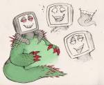 ambiguous_gender anthro electronics fangs plant smile solo teeth television tongue tongue_out unknown_artist undertale undertale_(series) photoshop_flowey elemental_creature flora_fauna sketch