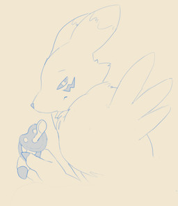 abdl ambiguous_anthro ambiguous_gender anthro cheek_tuft claws dipstick_ears ear_markings ears_back facial_markings facial_tuft finger_claws head_markings holding_pacifier markings mouth_closed multicolored_ears narrowed_eyes pivoted_ears side_view simple_background solo tuft hardscales bandai_namco digimon canid digimon_(species) mammal renamon absurd_res hi_res monochrome sketch