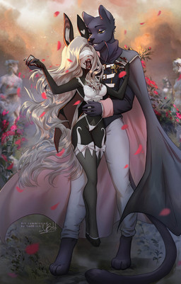 anthro blonde_hair blood bodily_fluids breasts cape clothing dark_body dark_fur duo eyes_closed female fur hair larger_male legwear lingerie long_hair male male/female muscular muscular_male size_difference slim slim_female stockings conditional_dnp sadbitch bat felid feline mammal panthera vampire hi_res