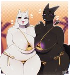 anthro asymmetrical_breast_frottage belly bikini black_body black_scales breast_squish breasts breasts_frottage clothing curvy_figure duo female female/female fur gold_bikini horn huge_thighs mature_female overweight overweight_anthro overweight_female purple_eyes red_eyes scales small_wings squish swimwear thick_thighs two-piece_swimsuit voluptuous_anthro voluptuous_female white_body white_fur wings drunkrussianman microsoft minecraft mojang mythology undertale_(series) xbox_game_studios jean_(minecraft) toriel boss_monster_(undertale) bovid caprine dragon ender_dragon goat mammal mythological_creature mythological_scalie scalie crossover hi_res