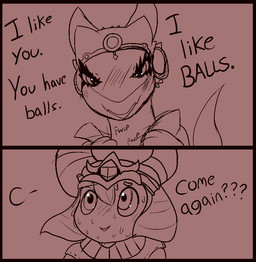 2_panel_comic ambiguous_anthro ambiguous_gender ambiguous_humanoid anthro bedroom_eyes black_border blush blush_lines bodily_fluids border clothed clothed_anthro clothed_humanoid clothing confusion dialogue duo eyebrows eyelashes glistening glistening_eyes hair headdress headgear headwear horn humor imminent_sex looking_at_viewer narrowed_eyes nervous nervous_smile nervous_sweat onomatopoeia open_mouth open_smile pupils question_mark seductive simple_background smile sound_effects sweat sweaty_face tail tan_background text undressing undressing_self 4chan_anon unknown_artist ever_oasis nintendo edina_(ever_oasis) tethu drauk humanoid scalie seedling_(ever_oasis) 2025 aliasing binary_drawing comic digital_drawing_(artwork) digital_media_(artwork) english_text sketch female_(lore) male_(lore)