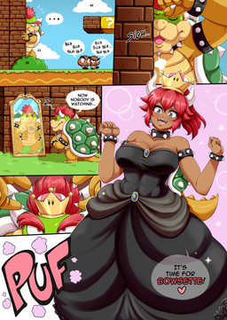 anthro big_breasts black_clothing black_dress blue_eyes blush bracelet breasts brown_body clothing collar crown dialogue dress female gender_transformation group hair headgear jewelry male mirror mirror_selfie mtf_transformation red_eyes red_hair selfie species_transformation speech_bubble spiked_bracelet spiked_collar spikes super_crown tail text transformation yellow_body castagno bowsette_meme mario_bros nintendo bowser animal_humanoid goomba humanoid koopa_humanoid scalie scalie_humanoid 2023 comic english_text hi_res meme