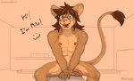 anthro athletic athletic_male eyewear flaccid foreskin genitals glasses male nipples nude open_mouth penis sitting solo monkeyspirit milo_(monkeyspirit) felid lion mammal pantherine 2023 hi_res