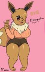 anthro anthrofied big_breasts breasts brown_body brown_fur female fur fur_collar hair hair_over_eye one_eye_obstructed open_mouth open_smile pokemorph smile solo thick_thighs fenillavee nintendo pokemon eve_(joaoppereiraus) canid eevee generation_1_pokemon mammal pokemon_(species) hi_res