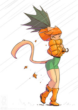 anthro boots clothing coat female footwear hair leaf raining shoes solo topwear umbrella conditional_dnp jollyjack domestic_cat felid feline felis mammal
