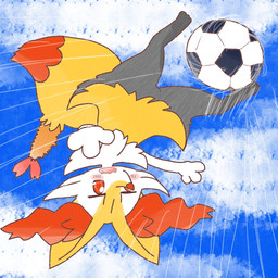 ambiguous_anthro ambiguous_gender anthro ball biped blush cloud cute_fangs digitigrade dipstick_tail fangs featureless_crotch food front_view markings motion_lines object_in_tail open_mouth open_smile shrimp_(food) sky smile snout soccer_ball solo tail tail_markings teeth upside_down annyui0611 nintendo pokemon braixen canid generation_6_pokemon mammal pokemon_(species) 1:1 2022 digital_drawing_(artwork) digital_media_(artwork) full-length_portrait hi_res japanese_description portrait translated_description