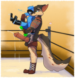 animal_genitalia animal_penis anthro bite bodily_fluids canine_genitalia canine_penis cum cum_in_mouth cum_inside cumshot defeat_sex defeated dominant duo ejaculation fight fighting_ring genital_fluids genitals hand_on_mouth male male/male muscular neck_bite penis size_difference toony wrestling elcomanfard elco_manfard mavyk canid canine fox mammal hi_res