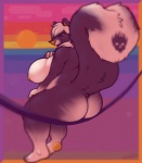 anthro areola beach belly big_breasts big_butt biped breasts butt curled_tail curvy_figure female fluffy fluffy_tail fur hair hand_on_breast huge_breasts long_tail looking_at_viewer looking_back nipples nude nude_beach open_mouth outdoor_nudity outside overweight overweight_anthro overweight_female pink_nose pokemorph purple_body purple_fur raised_tail rear_view sea seaside side_boob sitting smile solo sunset tail thick_thighs voluptuous water white_body white_fur white_hair wide_hips nargleflex nintendo pokemon generation_4_pokemon mammal mephitid pokemon_(species) skuntank alternate_version_at_source