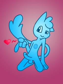 anthro blue_body blue_eyes flirting flirting_look flirting_with_viewer genitals heart_symbol kneeling looking_at_viewer male penis smile solo tail sunny_biscuit sunlan_(sunny_biscuit) felid feline goo_creature mammal plasmoid absurd_res hi_res