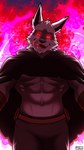 abs anthro black_cloak black_clothing bottomwear cloak clothing fangs fire fire_background fur glowing glowing_eyes licking licking_lips licking_own_lips looking_at_viewer male muscular muscular_anthro muscular_male navel pants pecs red_eyes seductive sharp_teeth solo teeth tongue tongue_out seandemon dreamworks puss_in_boots_(franchise) death_(puss_in_boots) canid canine canis mammal wolf 2023 digital_media_(artwork) hi_res watermark