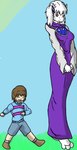 anthro blue_clothing brown_clothing brown_footwear brown_hair brown_shoes clothing duo eyes_closed female footwear fur hair male purple_clothing red_eyes shoes white_body white_fur zeroviks undertale undertale_(series) frisk_(undertale) toriel bovid caprine goat human mammal monster hi_res