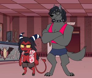 anthro belly body_hair bottomwear clothed clothing collar crop_top crossed_arms dark_sclera dreadlocks duo eyewear floral_shirt glasses hair hairy horn hotpants long_hair male open_clothing open_shirt open_topwear shirt shorts slightly_chubby smile smiling_at_viewer tail topwear yellow_eyes yomieda hazbin_hotel hellaverse helluva_boss mythology canid canid_demon canine demon hellhound imp mammal mythological_canine mythological_creature hi_res