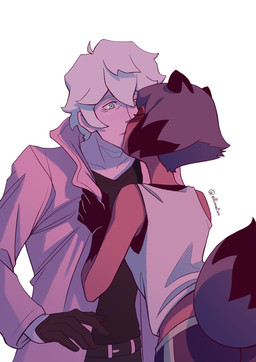 anthro biped black_bottomwear black_clothing black_pants blue_body blue_fur blue_hair blush bottomwear brown_body clothed clothing duo eyes_closed facial_markings female female_anthro fur gloves gloves_(marking) green_eyes hair handwear head_markings kissing male markings multicolored_body multicolored_fur multicolored_hair pants shirt shirt_grab short_hair shorts simple_background surprise_kiss surprised tail tail_markings topwear two_tone_body two_tone_fur two_tone_hair white_background white_clothing white_hair white_shirt white_topwear ellimation brand_new_animal studio_trigger michiru_kagemori shirou_ogami canid canine human mammal raccoon_dog tanuki absurd_res digital_media_(artwork) hi_res