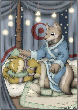 anthro bathrobe bed bedding bicep_cuffs blanket brush brushing claws clothing collar cuff_(restraint) curtains duo female furniture male personal_grooming pillow restraints robe sleeping smile social_grooming string_lights wrist_cuffs paddywoof_(artist) canid canine canis fox mammal wolf 2006 signature