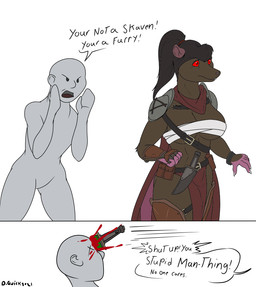 abs annoyed anthro black_hair blood bodily_fluids breasts brown_body brown_fur buckteeth chest_wraps claws clothed clothing duo female fur hair humor killing knife male partially_clothed teeth text wraps quicktron warhammer_(franchise) warhammer_fantasy anon human mammal murid murine rat rodent skaven english_text