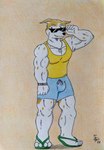 anthro barazoku biceps black_nose blue_bottomwear blue_clothing blue_shorts bottomwear bulge clock clothed clothing confident confident_male dots eyebrows eyewear fingers footwear fur jewelry looking_at_viewer male manly markings muscular muscular_anthro muscular_legs muscular_male necklace orange_background pecs seductive shirt shoes shorts silver_(metal) silver_jewelry silver_necklace simple_background slippers smile standing sunglasses tan_body tan_fur tank_top topwear white_body white_fur yellow_clothing yellow_shirt yellow_tank_top yellow_topwear dashthefox canid canine canis domestic_dog greyhound hunting_dog mammal sighthound absurd_res hi_res traditional_media_(artwork)