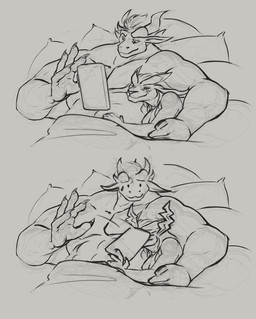 2_horns 5_fingers anthro bed bed_sheet bedding big_muscles cellphone claws closed_smile dot_eyes duo electronics female finger_claws fingers furniture hair head_horn holding_cellphone holding_object holding_phone holding_smartphone horn humor looking_at_another looking_at_cellphone looking_at_object looking_at_phone lying lying_on_bed male mouth_closed muscular muscular_anthro muscular_male on_bed oops phone pillow simple_eyes size_difference smartphone smile deriaz mythology dragon felid mammal mythological_creature mythological_scalie scalie wingless_dragon 2024 digital_drawing_(artwork) digital_media_(artwork) greyscale monochrome sequence