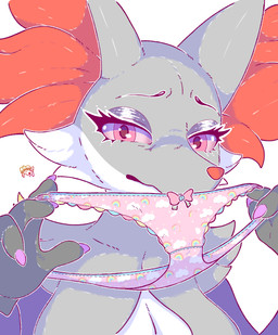 anthro bottomwear childish_panties childish_underwear clothing colored_edge_panties colored_nails embarrassed eyelashes facial_tuft female fur glistening_eyelids hair holding_clothing holding_object holding_panties holding_underwear inner_ear_fluff long_eyelashes looking_at_viewer mature_anthro mature_female nails panties pattern_bottomwear pattern_clothing pattern_panties pattern_underwear pink_clothing pink_panties pink_underwear presenting presenting_panties presenting_underwear print_clothing print_underwear simple_background solo spread_panties striped_bottomwear striped_clothing striped_panties striped_underwear stripes tear_trough tuft underwear sharalythesheep nintendo panties_trend pokemon canid canine delphox fox generation_6_pokemon mammal pokemon_(species) shiny_pokemon absurd_res digital_media_(artwork) hi_res