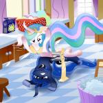 blue_body blue_fur blue_hair crown cutie_mark duo female feral fur hair headgear horn laundry long_hair malleable_body multicolored_hair purple_eyes white_body white_fur noctulov friendship_is_magic hasbro my_little_pony mythology princess_celestia_(mlp) princess_luna_(mlp) equid equine mammal mythological_creature mythological_equine unicorn 1:1 2014 hi_res