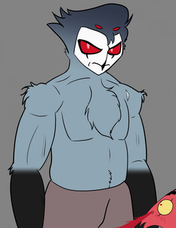 anthro blood blush bodily_fluids body_hair chest_hair chest_tuft duo happy_trail male male/male menacing_aura musclegut muscular nosebleed pecs tuft reachahighernoon helluva_boss blitzo_(helluva_boss) stolas_(helluva_boss) avian bird demon imp owl hi_res