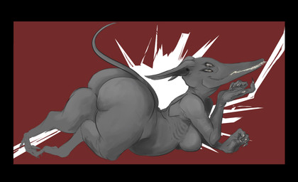 4_eyes big_butt black_border border bottom_heavy breasts butt eyelashes female grey_body grey_eyes huge_butt long_snout multi_eye nude red_background sharp_teeth shortstack side_view simple_background smile snout solo teeth thick_thighs wide_hips chalktooth humanoid monster hi_res