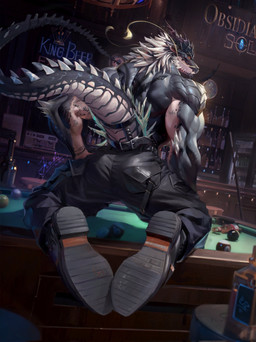 anthro arm_tattoo biceps billiard_table biped black_body blush bottomwear bulge bulge_from_behind clothing cue_stick cuff_(restraint) digit_ring embarrassed feet footwear furniture jewelry kneeling kneeling_on_table leather leather_cuffs leg_tattoo looking_back male male_anthro multicolored_body muscular muscular_anthro muscular_male pants plantigrade quads raised_tail rear_view restraints ring shoes solo spreading straining table tail tail_cuff tattoo thigh_tattoo two_tone_body white_body jiushi_is_90 mythology obsidian_(jiushi_is_90) dragon mythological_creature mythological_scalie scalie hi_res