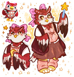 anthro argyle_(pattern) argyle_clothing argyle_sweater argyle_topwear beak blush bottomwear brown_body brown_eyes brown_feathers clothing crescent_moon feathered_tail feathered_wings feathers feet female looking_sideways moon pattern_clothing pattern_sweater pattern_topwear realistic_wings ribbons short_beak skirt smile solo sparkles star sweater tail talons toes topwear wand wings yellow_beak c0rpses0ul animal_crossing nintendo celeste_(animal_crossing) avian bird owl 2025 hi_res sketch watermark