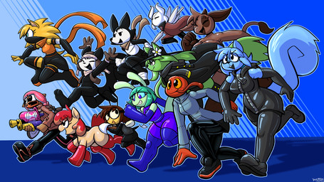 2_horns antennae_(anatomy) anthro arms_above_head armwear big_breasts black_armwear black_boots black_bottomwear black_clothing black_eyes black_footwear black_hoodie black_mask black_pants black_shoes black_topwear blonde_hair blue_boots blue_clothing blue_footwear boots bottomwear breasts brown_body brown_fur brown_hair brown_horn brown_kerchief brown_skin cloak clothing dot_eyes exoskeleton female footwear fur green_antennae green_hair grey_clothing grey_jacket grey_topwear group hair holding_object holding_weapon hoodie horn huge_breasts jacket kerchief latex latex_boots latex_clothing latex_footwear latex_hoodie latex_topwear legwear male midair orange_clothing orange_scarf orange_topwear paint_gun pants pink_hair purple_jumpsuit red_body red_boots red_cloak red_clothing red_footwear red_fur red_hair scarf shoes simple_eyes sleeveless_hoodie tail tail_tuft tan_body tan_fur thigh_boots thigh_highs tongue tongue_out topwear tuft weapon white_horn yellow_body yellow_exoskeleton yellow_fur felino nintendo splatoon celery_(lettuce) chloe_(lettuce) finn_(lettuce) flan_(lettuce) katie_(lettuce) lettuce_(lettuce) mocha_(lettuce) plum_(lettuce) ruby_(lettuce) tang_(lettuce) tomato_(lettuce) alien amphibian aquatic arthropod bee bovid bovine canid canine cattle cephalopod coleoid decapodiform equid equine eulipotyphlan fox frog hedgehog horse humanoid hymenopteran inkling insect mammal mollusk pony rodent sciurid squid tree_squirrel true_fox vessel_(species) 2026 absurd_res hi_res