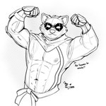 abs anthro eye_scar facial_scar flexing halftone_background male muscular muscular_male navel pattern_background question_mark scar simple_background solo text sleepycause epic_games fortnite hajime_(fortnite) canid canine mammal raccoon_dog tanuki absurd_res guide_lines half-length_portrait halftone hi_res portrait signature sketch spanish_text translated