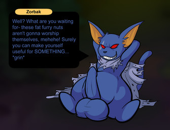 anthro balls big_balls big_penis blurred_background genitals hands_behind_head leaning leaning_backward male overweight penis red_eyes sitting solo speech_bubble text archangellllll adventurequest adventurequest_worlds artix_entertainment dragonfable zorbak moglin english_text