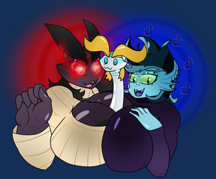 abstract_background anthro areola areola_slip between_breasts big_breasts black_eyebrows black_eyes black_hair black_sclera blonde_eyebrows blonde_hair blue_body blue_eyes blue_hair breasts clothing dot_eyes eyebrows female fin green_sclera group hair horn huge_breasts hypnosis hypnotic_eyes long_sleeve_shirt markings mind_control musical_note musical_symbol open_mouth purple_body red_eyes simple_eyes singing spiral spiral_background spiral_eyes sweater symbol teeth_showing topwear trio turtleneck white_body turismoturbo mythology aijou venus_(turismoturbo) yaojou dragon fish jou marine mythological_creature mythological_scalie scalie siren 2018 bust_portrait colored digital_drawing_(artwork) digital_media_(artwork) portrait unavailable_at_source