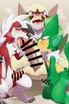 anthro balls blush censored chesnaught claws collaborative collaborative_fellatio collaborative_sex erection fellatio foreskin fur generation_5_pokemon generation_6_pokemon generation_7_pokemon genitals green_body green_fur group group_sex hi_res hitsuzi_taro11 humanoid_genitalia humanoid_penis licking lycanroc male male/male midnight_lycanroc nintendo oral penile penis penis_lick pokemon pokemon_(species) sex simisage size_difference tapering_penis threesome tongue tongue_out trio