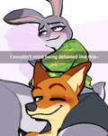 anthro between_legs blush clothed clothing duo female looking_at_viewer male male/female one_eye_closed smile wink lovetopullmicke disney snapchat zootopia judy_hopps nick_wilde canid canine fox lagomorph leporid mammal rabbit 2024 hi_res